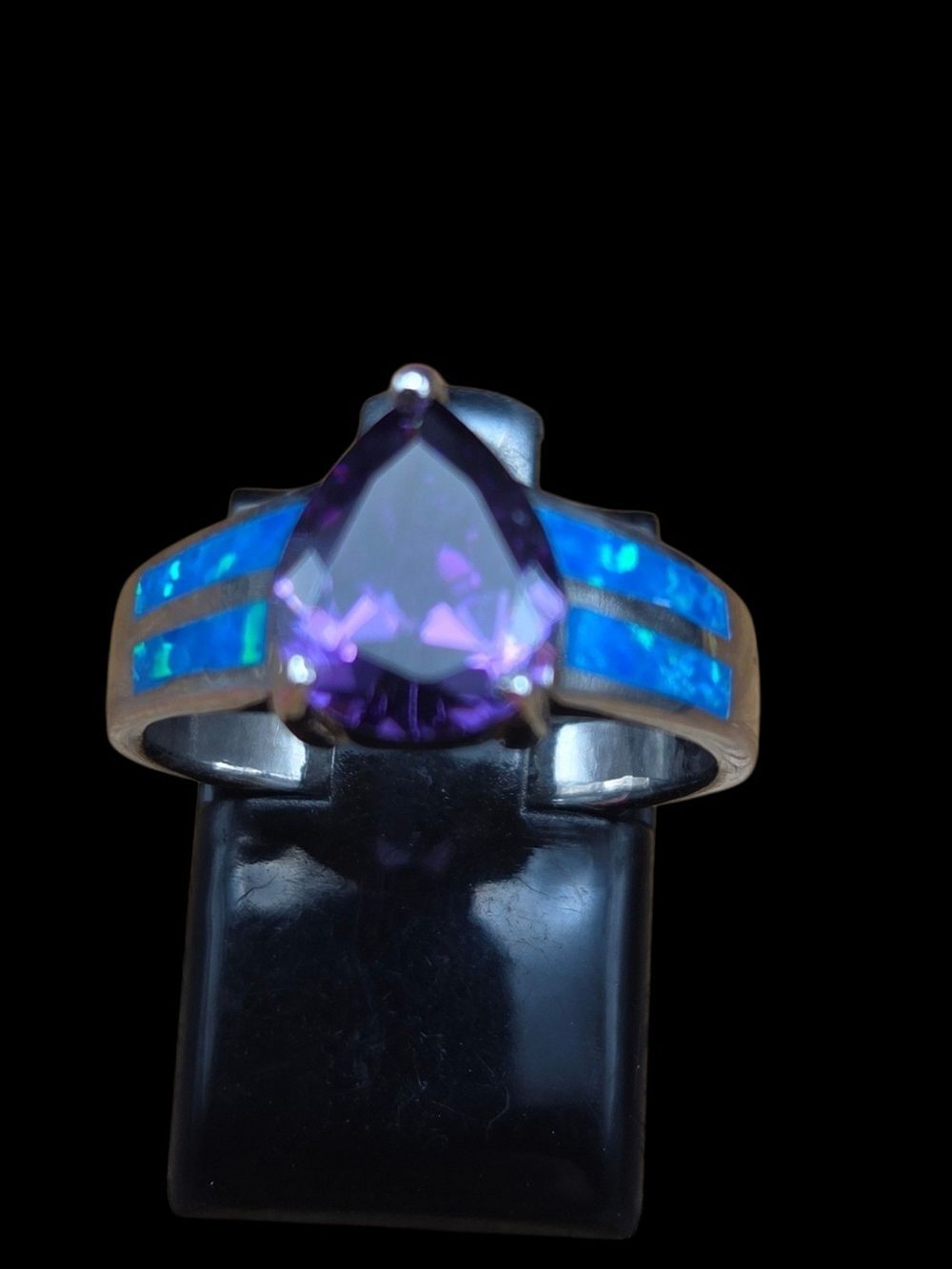 925 Sterling Silver Amethyst Pear Teardrop Ring Blue Opal Inlay Size 7 Band
